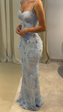 Light Blue Floral Mermaid Prom Dress - Spaghetti Strap Evening HZ0307