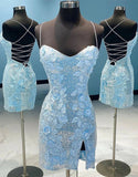 Light Blue Floral Sequin Homecoming Dresses Mini Party Gown, HZ0307