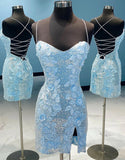 Light Blue Floral Sequin Homecoming Dresses Mini Party Gown, HZ0307