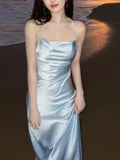 Light Blue Halter Prom Dresses Slim Long Evening Party HZ0307