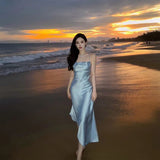 Light Blue Halter Prom Dresses Slim Long Evening Party HZ0307