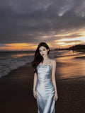 Light Blue Halter Prom Dresses Slim Long Evening Party HZ0307