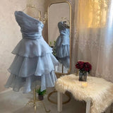 Light Blue One Shoulder Organza Homecoming Dresses Custom Made Hoco Dress, HZ0307