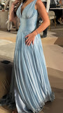 Light Blue Pleated Evening Formal Dresses V-Neck Senior Prom HZ0307