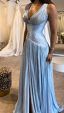 Light Blue Pleated Evening Formal Dresses V-Neck Senior Prom HZ0307