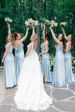 Light Blue Satin Bridesmaid Dresses Side Slit Wedding Party HZ0307