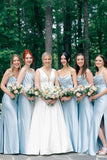 Light Blue Satin Bridesmaid Dresses Side Slit Wedding Party HZ0307