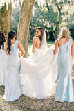 Light Blue Sheath Long Bridesmaid Dresses One Shoulder Bowknot Evening Party HZ0307