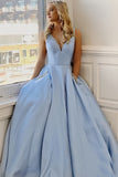 Light Blue V-Neck Prom Dresses Beaded Satin Evening Party Dress With HZ0307
