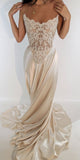 Light Champagne Mermaid Wedding Dresses Lace Applique Strapless Bridal HZ0307
