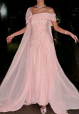 Light Pink Beaded Chiffon Prom Dresses Off The Shoulder Evening Party HZ0307
