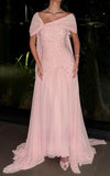 Light Pink Beaded Chiffon Prom Dresses Off The Shoulder Evening Party HZ0307