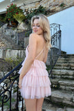 Light Pink Homecoming Dresses Short Dress V-Neck Tiered Party Dress, HZ0307