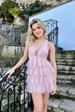 Light Pink Homecoming Dresses Short Dress V-Neck Tiered Party Dress, HZ0307
