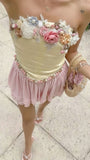 Light Yellow Pink 3D Floral Mini Party Dress Strapless Beaded Homecoming Dress, HZ0307