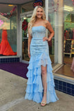 Strapless Teal Lace Appliques Fitted Ruffle Prom HZ0307