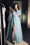 Light Blue Off the Shoulder Long Sleeves Formal HZ0307