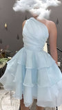 Light Blue One Shoulder Organza Homecoming Dresses Custom Made Hoco Dress, HZ0307