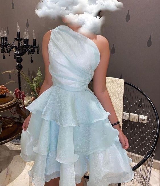 Light Blue One Shoulder Organza Homecoming Dresses Custom Made Hoco Dress, HZ0307