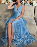 Light Blue Pleated Evening Formal Dresses V-Neck Senior Prom HZ0307
