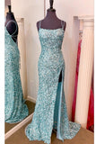 Light Blue Sequins Mermaid Side Slit Long Prom HZ0307