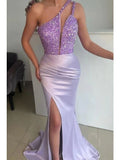 Lilac One Shoulder Mermaid Long Prom Dresses Sequins Evening Gown, HZ0307