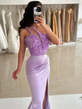 Lilac One Shoulder Mermaid Long Prom Dresses Sequins Evening Gown, HZ0307