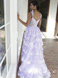 Lilac Sequin Lace Ruffles Prom Dress Split Evening HZ0307