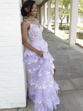 Lilac Sequin Lace Ruffles Prom Dress Split Evening HZ0307