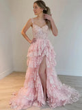 Lilac Sequin Lace Ruffles Prom Dress Split Evening HZ0307