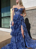 Lilac Sequin Lace Ruffles Prom Dress Split Evening HZ0307