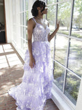 Lilac Sequin Lace Ruffles Prom Dress Split Evening HZ0307