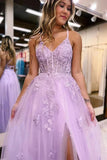 Lilac Appliques V-Neck Tulle Long Prom HZ0307
