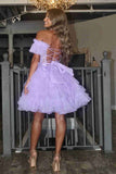 Lilac Tulle Homecoming Dress Off The Shoulder Ruched Mini Hoco Dresses, HZ0307