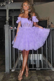 Lilac Tulle Homecoming Dress Off The Shoulder Ruched Mini Hoco Dresses, HZ0307