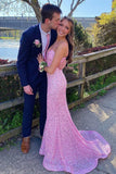 Spaghetti Straps Pink Sequined Mermaid Prom HZ0307