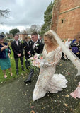 Long Sleeves Champagne Mermaid Wedding Dresses Lace Illusion Neck Bridal HZ0307