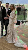 Long Sleeves Champagne Mermaid Wedding Dresses Lace Illusion Neck Bridal HZ0307