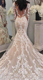 Long Sleeves Champagne Mermaid Wedding Dresses Lace Illusion Neck Bridal HZ0307