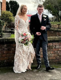 Long Sleeves Champagne Mermaid Wedding Dresses Lace Illusion Neck Bridal HZ0307