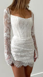 Long Sleeves White Homecoming Dresses, Lace Short Prom Dress, HZ0307