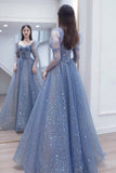 Long Sleeves Blue Beaded Tulle Long Prom HZ0307