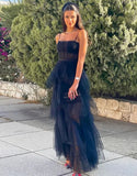 LTP1203,Spaghetti straps black tulle prom dresses,ruffles evening HZ0307
