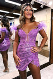 Lovely Sequin Bodycon Homecoming Dresses Feather Shoulder Hoco HZ0307