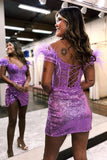 Lovely Sequin Bodycon Homecoming Dresses Feather Shoulder Hoco HZ0307