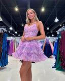 Lovely Pink Floral Tulle Homecoming Dresses With Ruffle Skirt, HZ0307