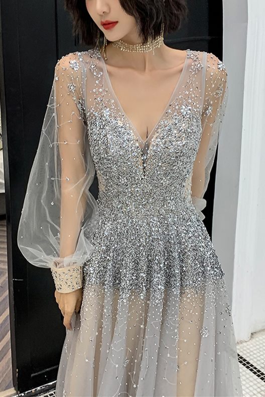 Luxurious Long Sleeves Silver Sequins Long Evening HZ0307