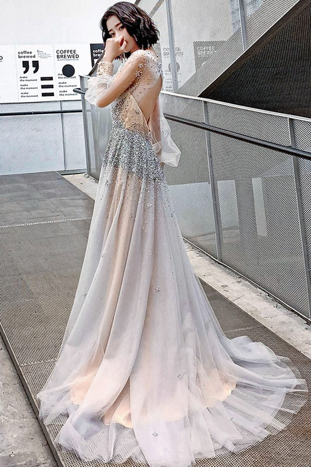 Luxurious Long Sleeves Silver Sequins Long Evening HZ0307