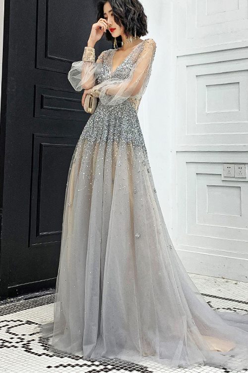 Luxurious Long Sleeves Silver Sequins Long Evening HZ0307