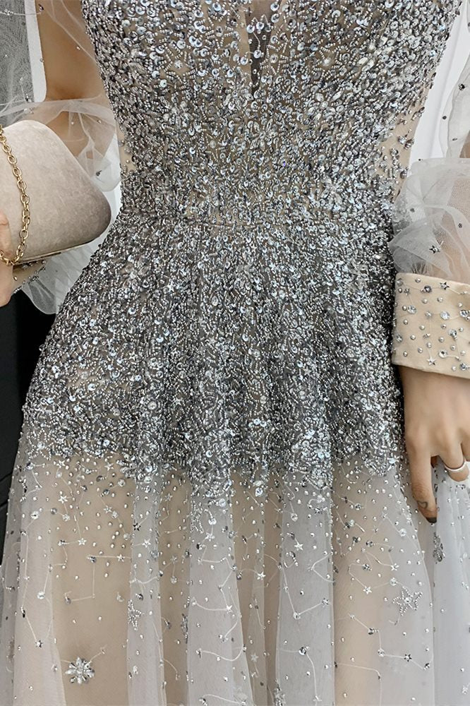 Luxurious Long Sleeves Silver Sequins Long Evening HZ0307